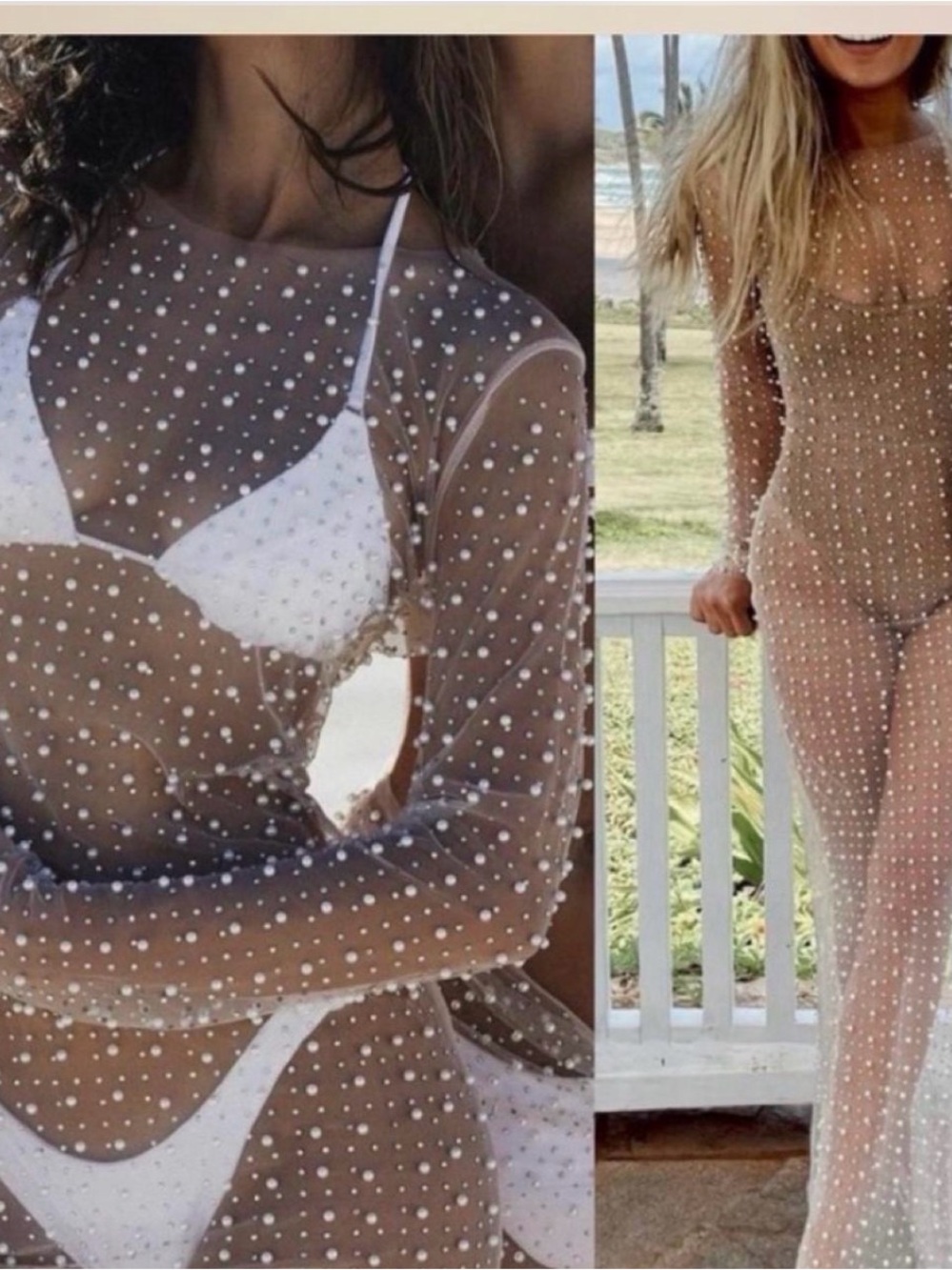 Sheer Embellished Long-Sleeve Beach Cover-Up with pearls perfect for bride